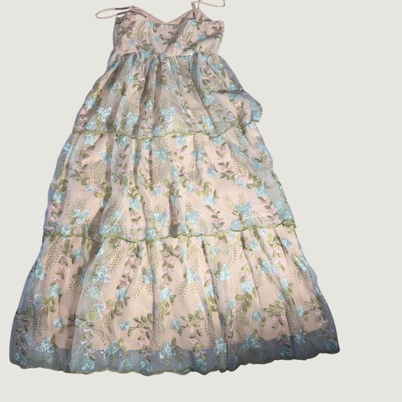 Vici Dresses & Skirts - Vintage Floral Embroidered Tiered Maxi Dress Cream Blue Pink Small V-Neck Tulle